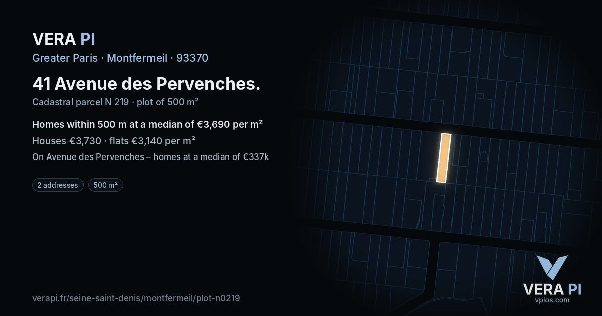 41 Avenue des Pervenches, Montfermeil at night – the plot lit, the parcels around coloured by the prices near them