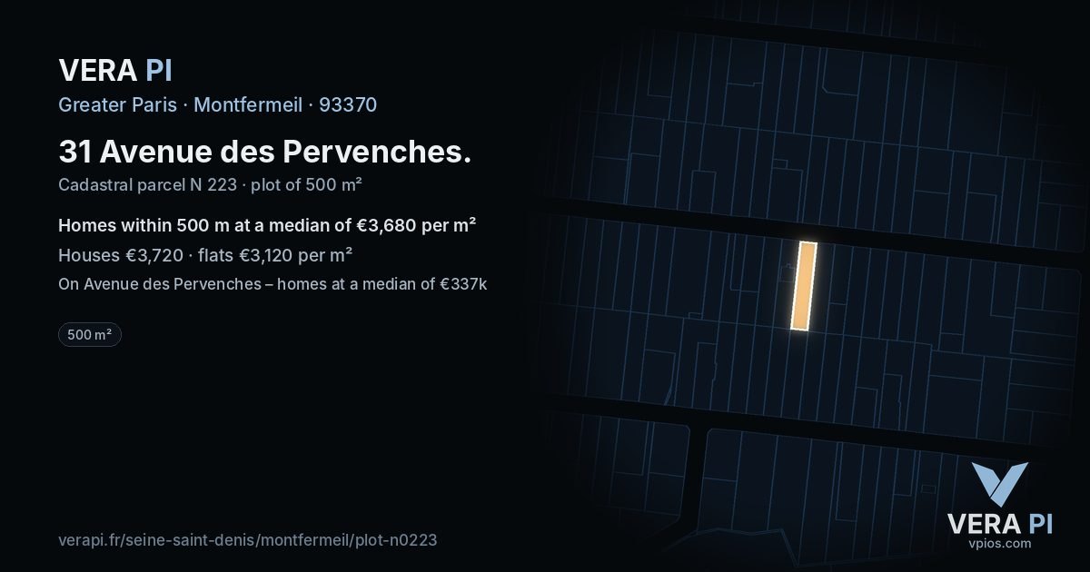 31 Avenue des Pervenches, Montfermeil at night – the plot lit, the parcels around coloured by the prices near them