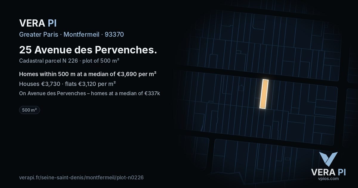 25 Avenue des Pervenches, Montfermeil at night – the plot lit, the parcels around coloured by the prices near them