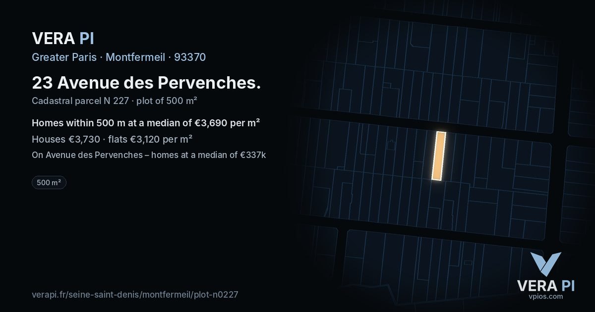 23 Avenue des Pervenches, Montfermeil at night – the plot lit, the parcels around coloured by the prices near them