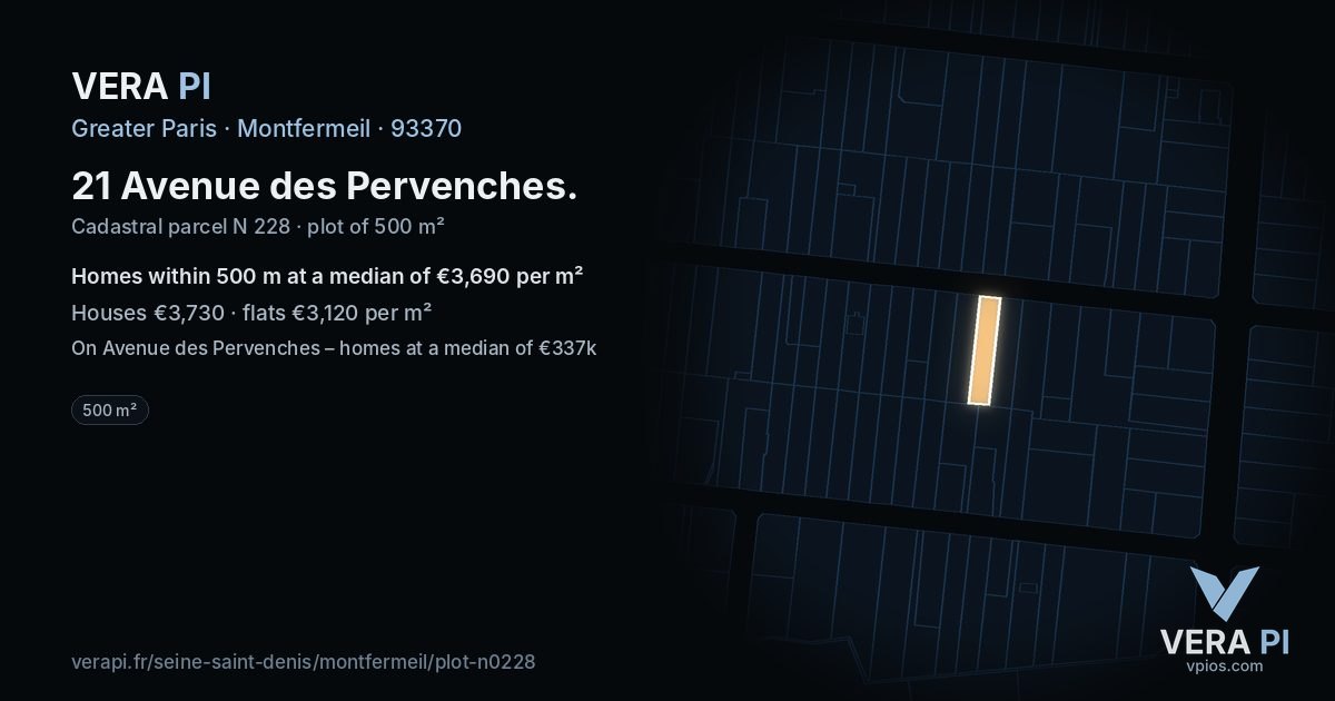 21 Avenue des Pervenches, Montfermeil at night – the plot lit, the parcels around coloured by the prices near them