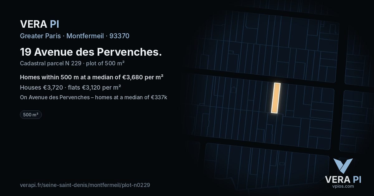 19 Avenue des Pervenches, Montfermeil at night – the plot lit, the parcels around coloured by the prices near them