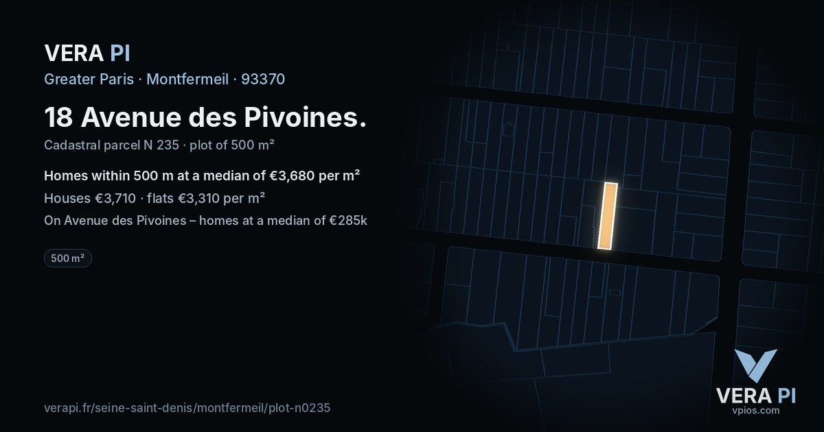18 Avenue des Pivoines, Montfermeil at night – the plot lit, the parcels around coloured by the prices near them