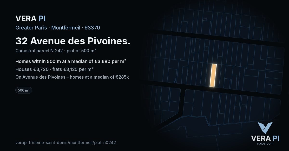 32 Avenue des Pivoines, Montfermeil at night – the plot lit, the parcels around coloured by the prices near them