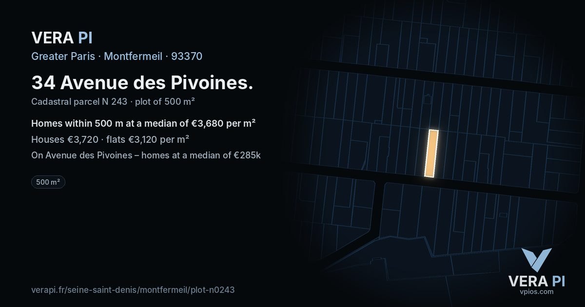 34 Avenue des Pivoines, Montfermeil at night – the plot lit, the parcels around coloured by the prices near them