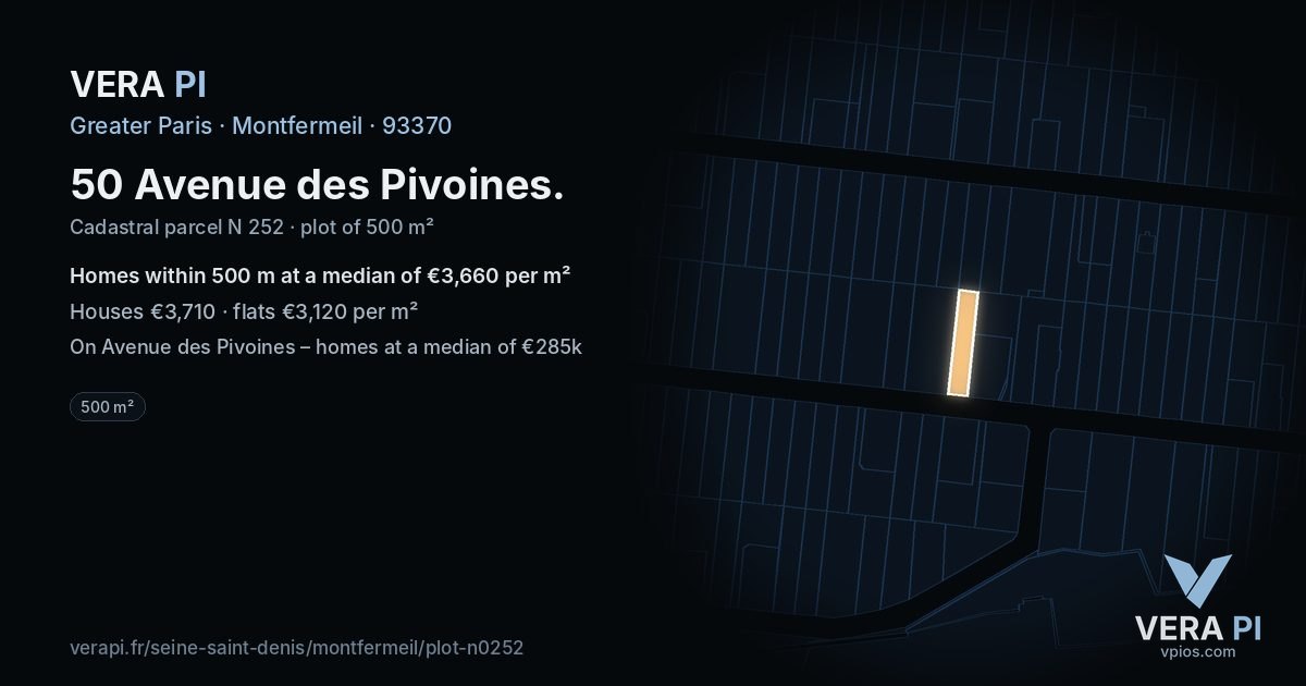 50 Avenue des Pivoines, Montfermeil at night – the plot lit, the parcels around coloured by the prices near them