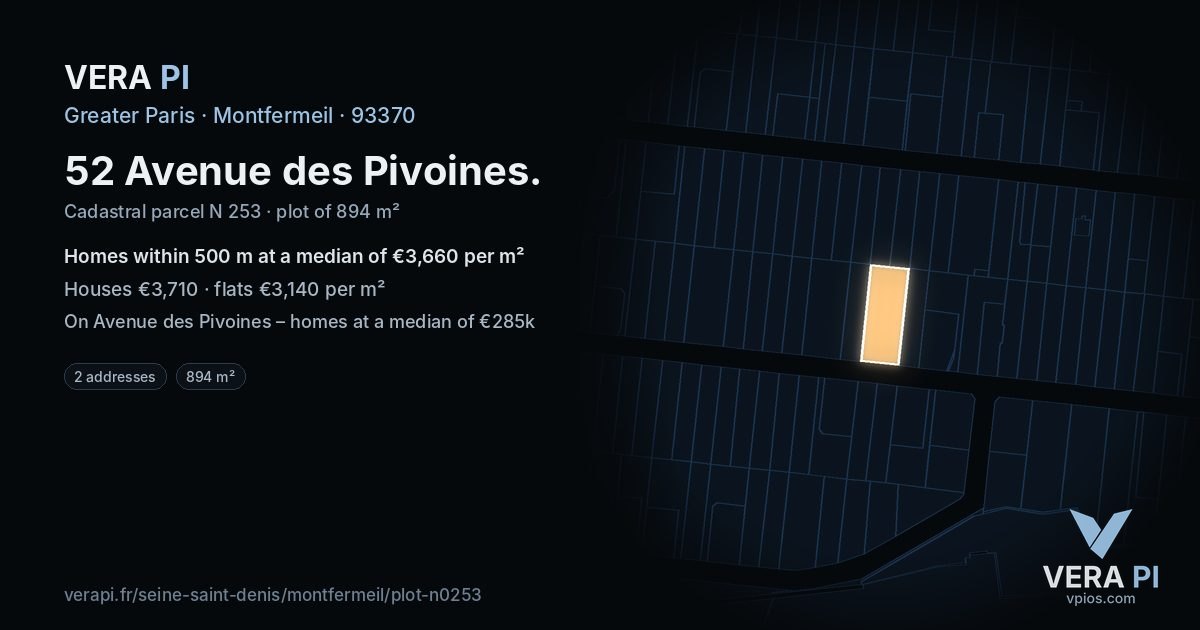 52 Avenue des Pivoines, Montfermeil at night – the plot lit, the parcels around coloured by the prices near them