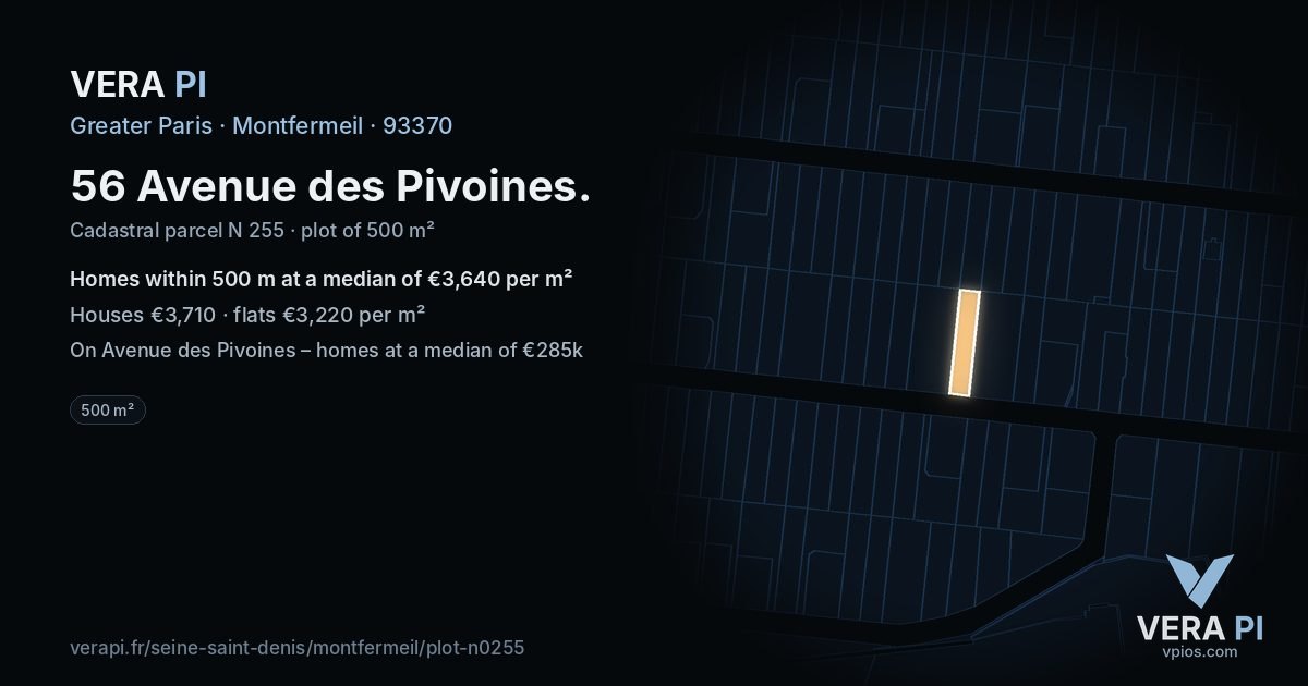56 Avenue des Pivoines, Montfermeil at night – the plot lit, the parcels around coloured by the prices near them