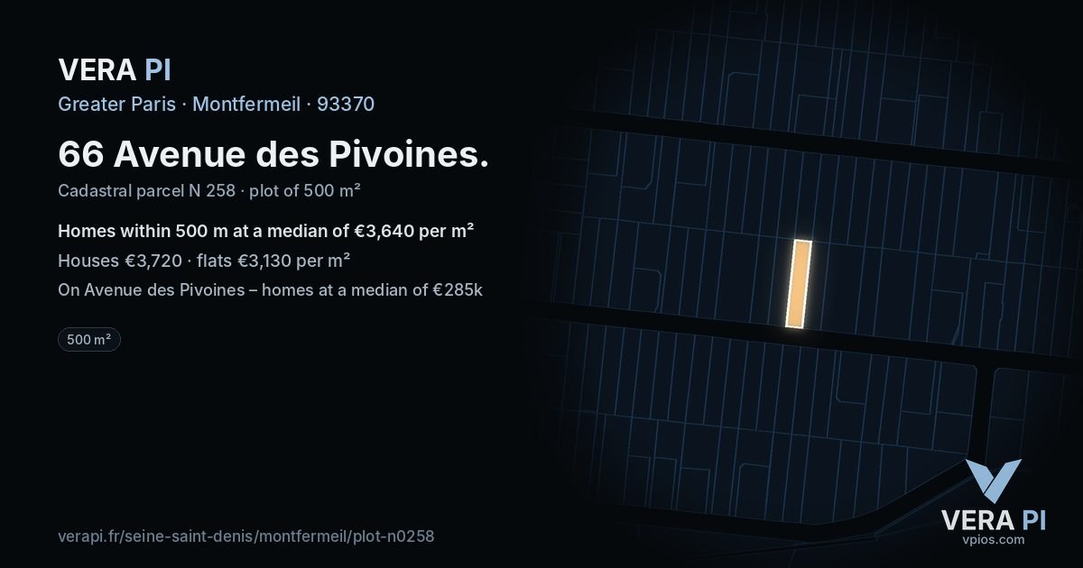 66 Avenue des Pivoines, Montfermeil at night – the plot lit, the parcels around coloured by the prices near them