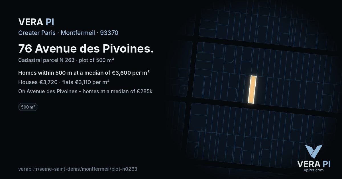 76 Avenue des Pivoines, Montfermeil at night – the plot lit, the parcels around coloured by the prices near them