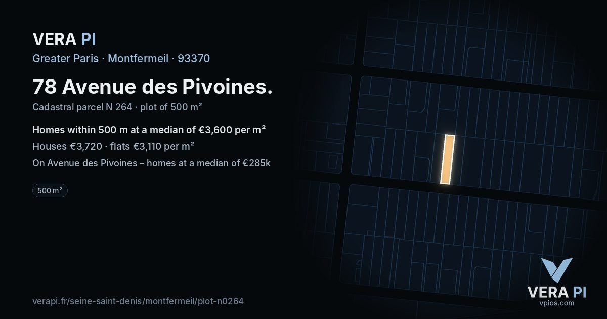 78 Avenue des Pivoines, Montfermeil at night – the plot lit, the parcels around coloured by the prices near them