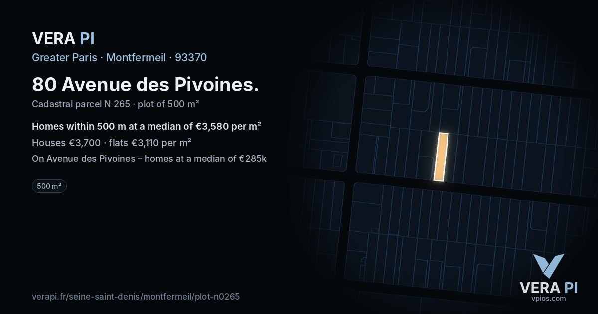 80 Avenue des Pivoines, Montfermeil at night – the plot lit, the parcels around coloured by the prices near them