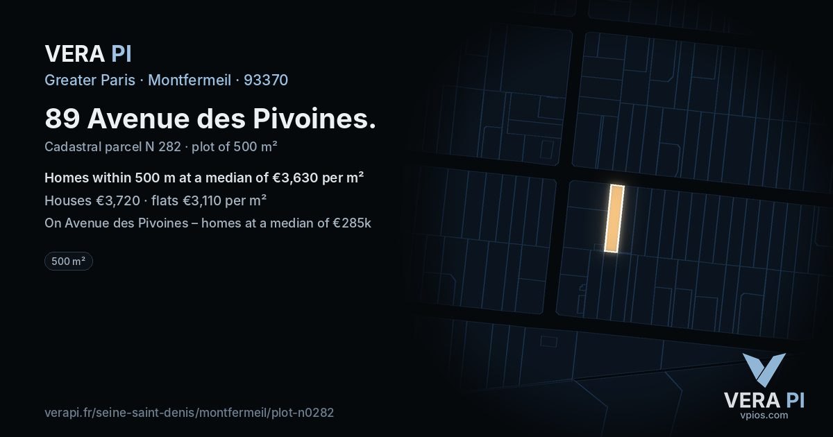 89 Avenue des Pivoines, Montfermeil at night – the plot lit, the parcels around coloured by the prices near them