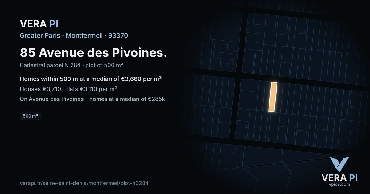 85 Avenue des Pivoines, Montfermeil at night – the plot lit, the parcels around coloured by the prices near them