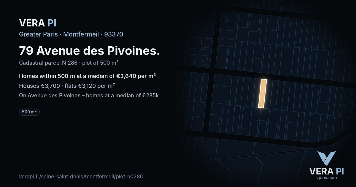 79 Avenue des Pivoines, Montfermeil at night – the plot lit, the parcels around coloured by the prices near them