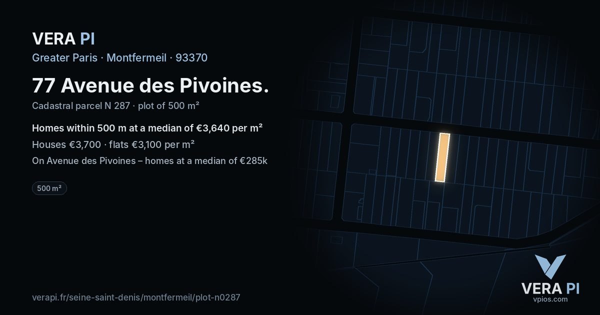 77 Avenue des Pivoines, Montfermeil at night – the plot lit, the parcels around coloured by the prices near them