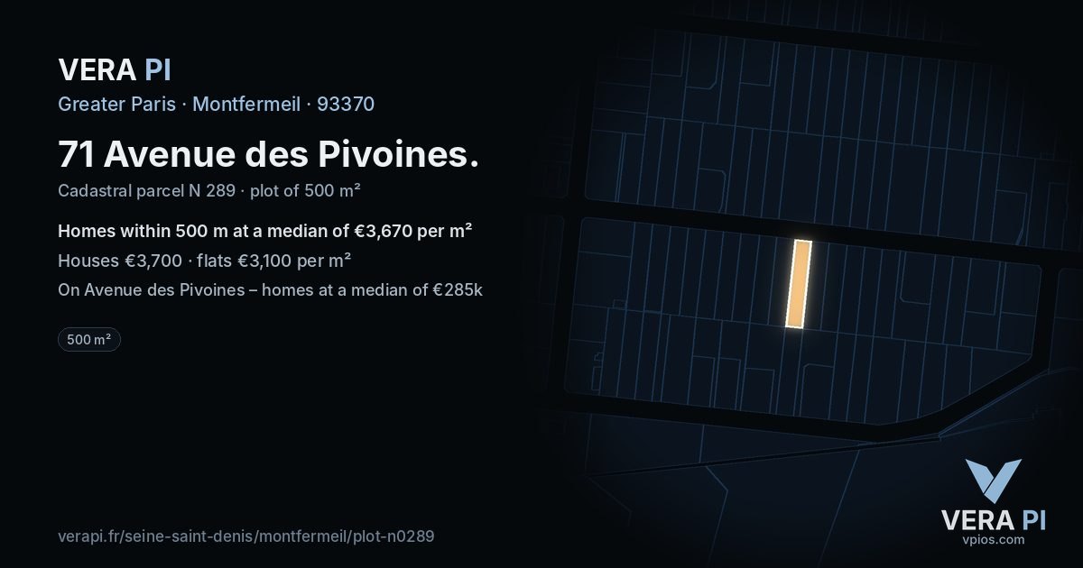 71 Avenue des Pivoines, Montfermeil at night – the plot lit, the parcels around coloured by the prices near them