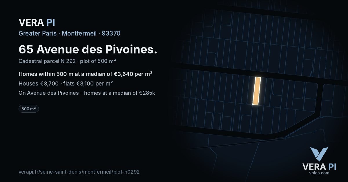 65 Avenue des Pivoines, Montfermeil at night – the plot lit, the parcels around coloured by the prices near them