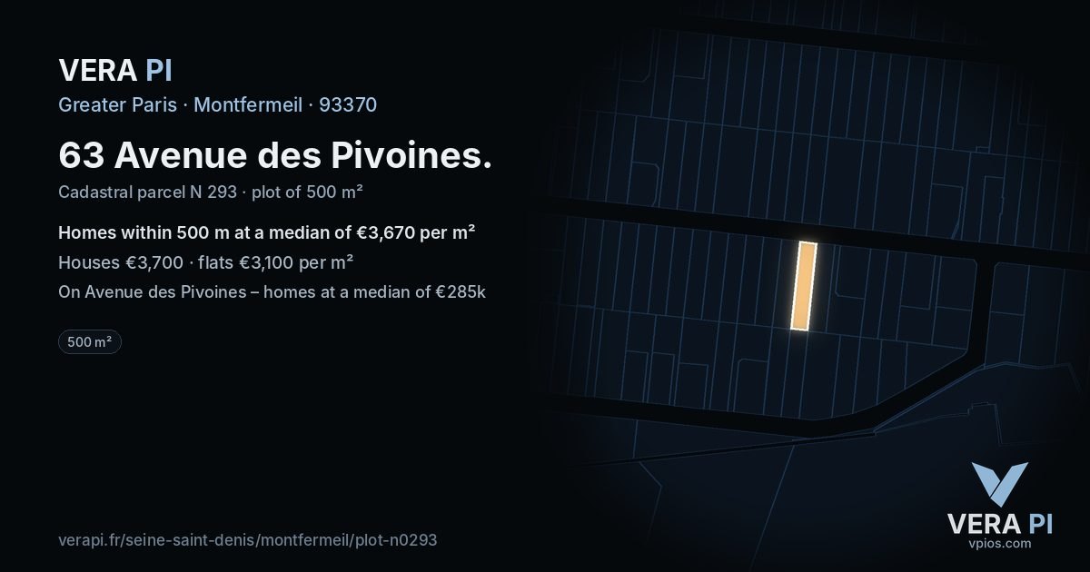 63 Avenue des Pivoines, Montfermeil at night – the plot lit, the parcels around coloured by the prices near them