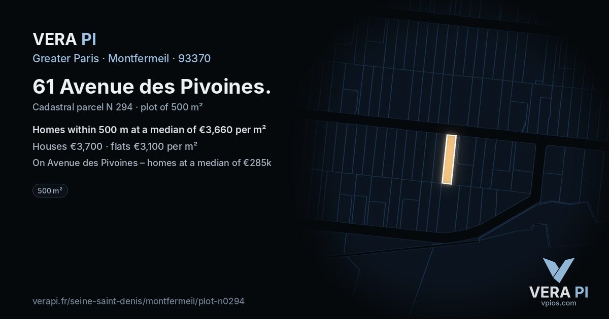 61 Avenue des Pivoines, Montfermeil at night – the plot lit, the parcels around coloured by the prices near them