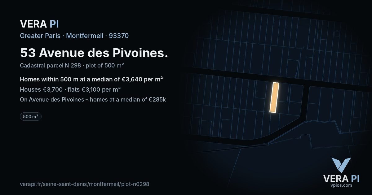 53 Avenue des Pivoines, Montfermeil at night – the plot lit, the parcels around coloured by the prices near them