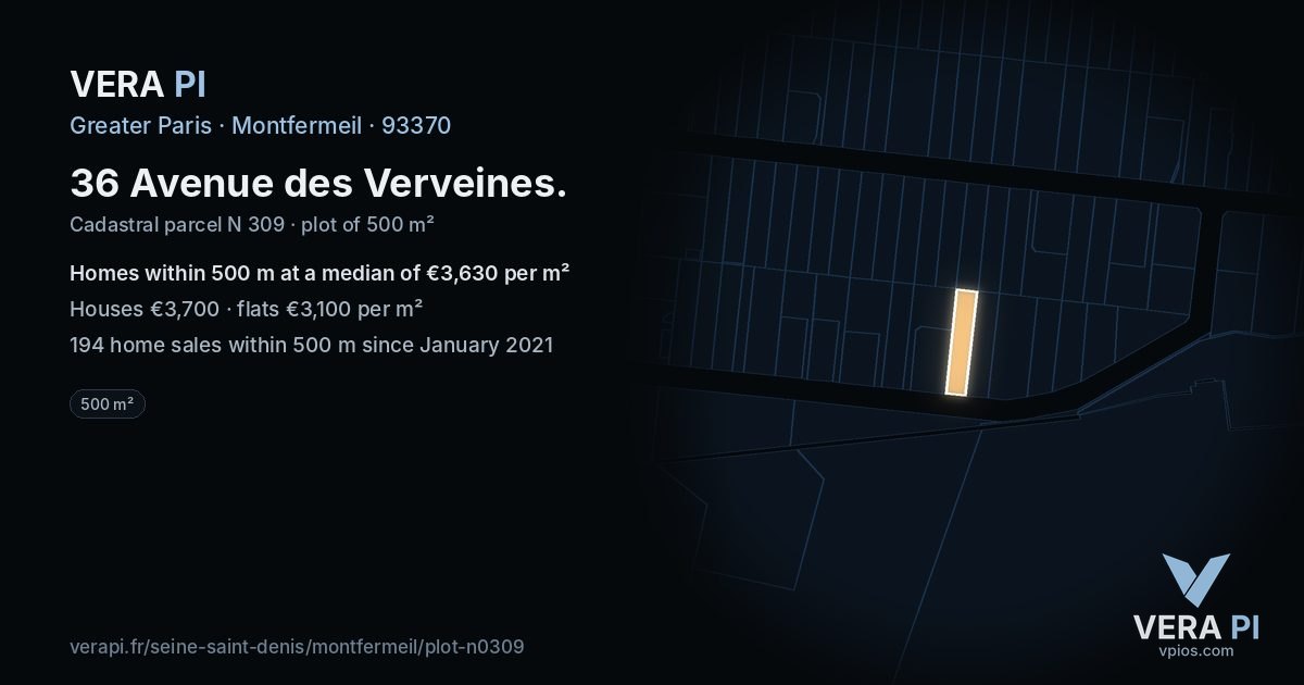 36 Avenue des Verveines, Montfermeil at night – the plot lit, the parcels around coloured by the prices near them