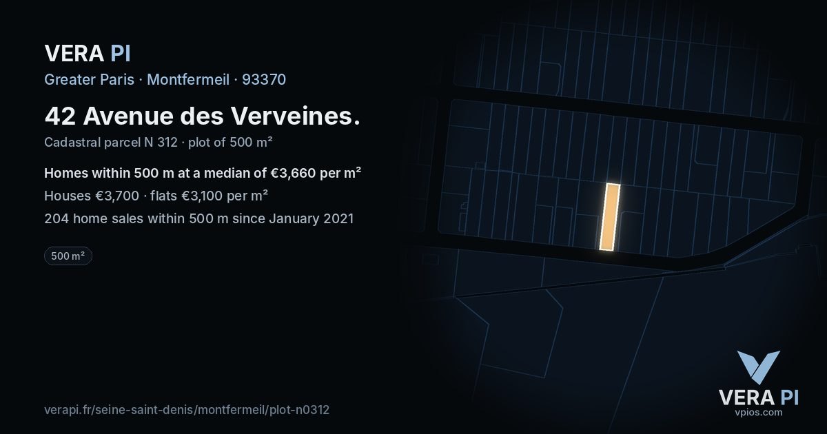 42 Avenue des Verveines, Montfermeil at night – the plot lit, the parcels around coloured by the prices near them