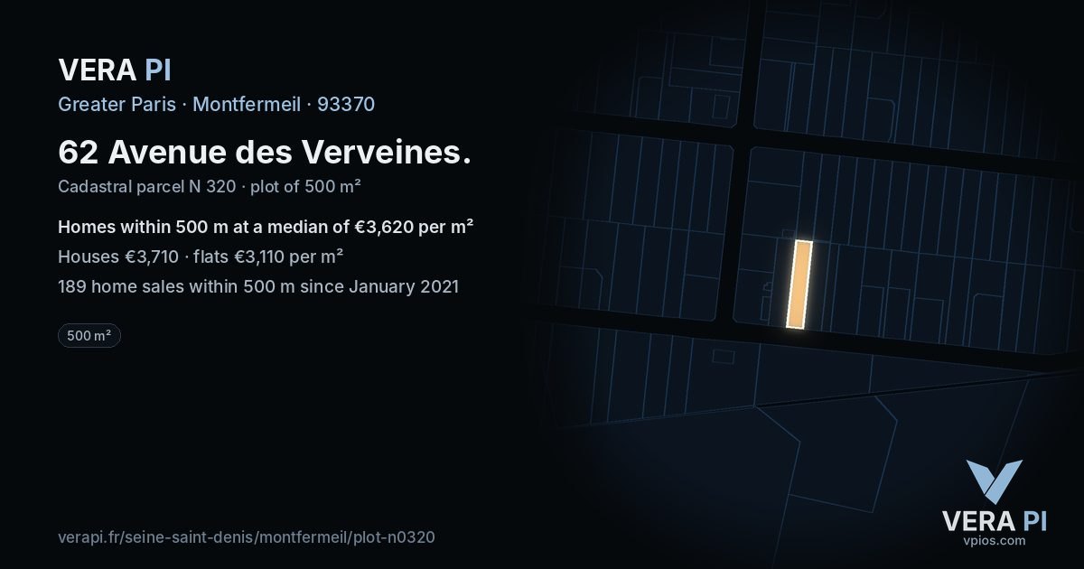 62 Avenue des Verveines, Montfermeil at night – the plot lit, the parcels around coloured by the prices near them