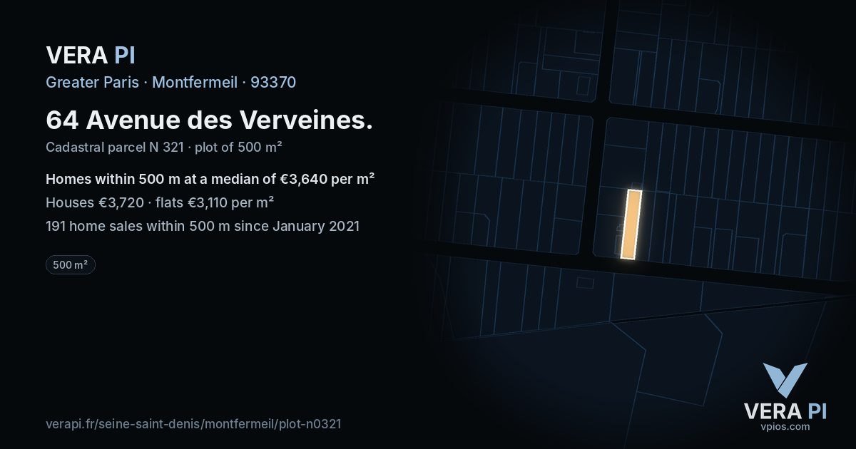 64 Avenue des Verveines, Montfermeil at night – the plot lit, the parcels around coloured by the prices near them