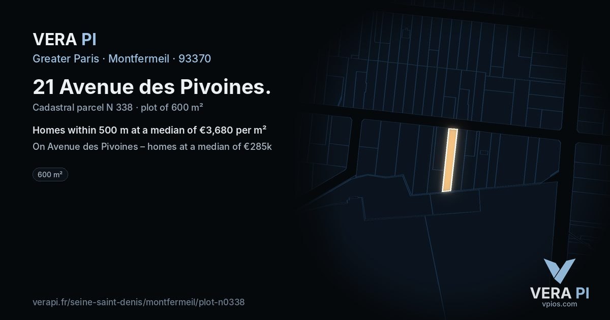 21 Avenue des Pivoines, Montfermeil at night – the plot lit, the parcels around coloured by the prices near them