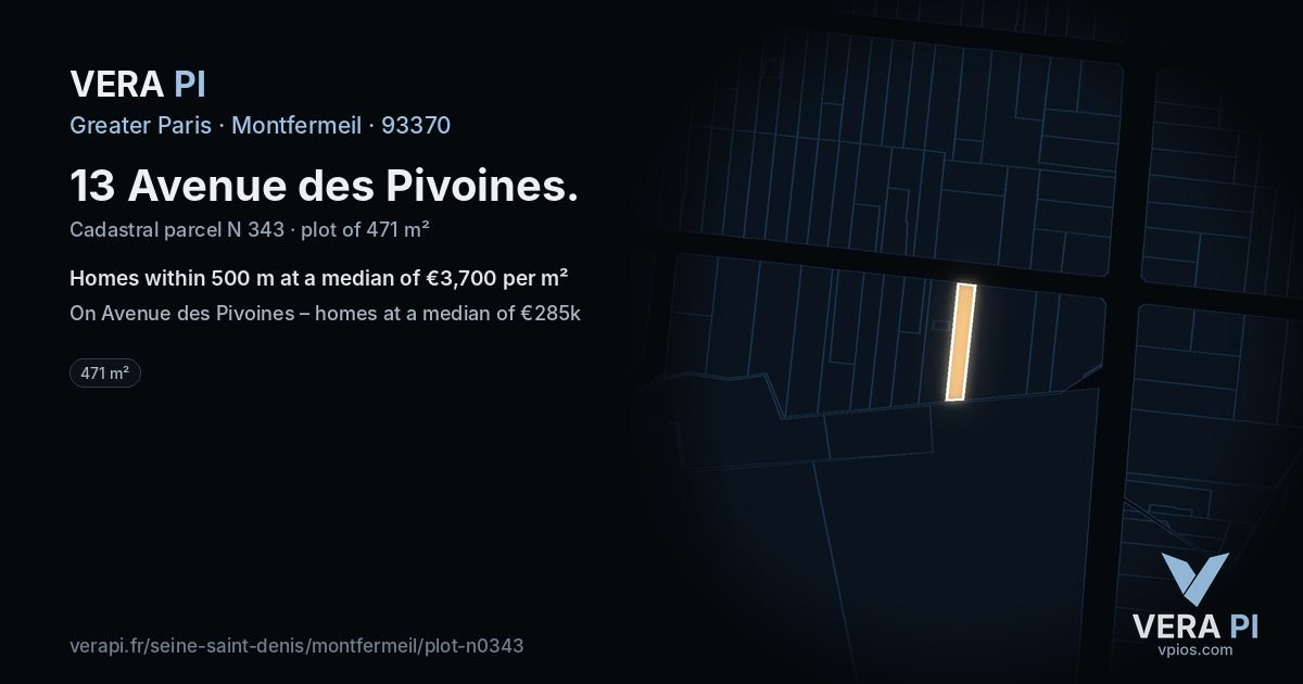 13 Avenue des Pivoines, Montfermeil at night – the plot lit, the parcels around coloured by the prices near them