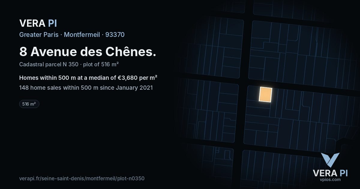 8 Avenue des Chênes, Montfermeil at night – the plot lit, the parcels around coloured by the prices near them