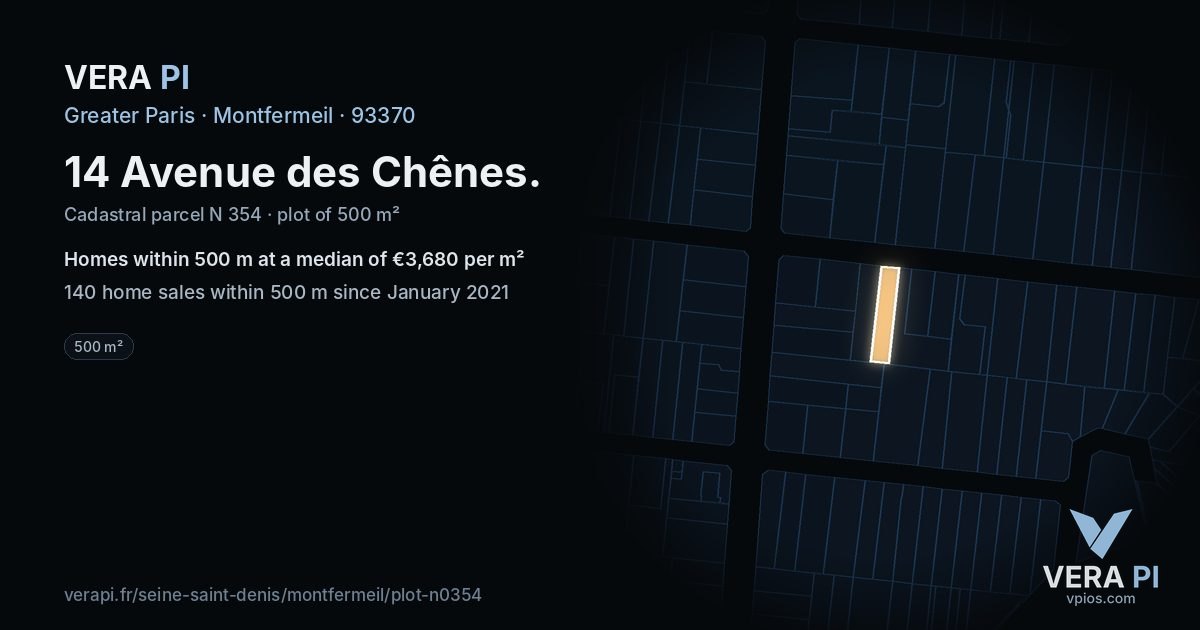 14 Avenue des Chênes, Montfermeil at night – the plot lit, the parcels around coloured by the prices near them