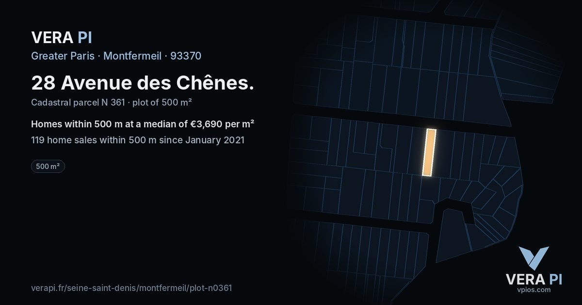 28 Avenue des Chênes, Montfermeil at night – the plot lit, the parcels around coloured by the prices near them