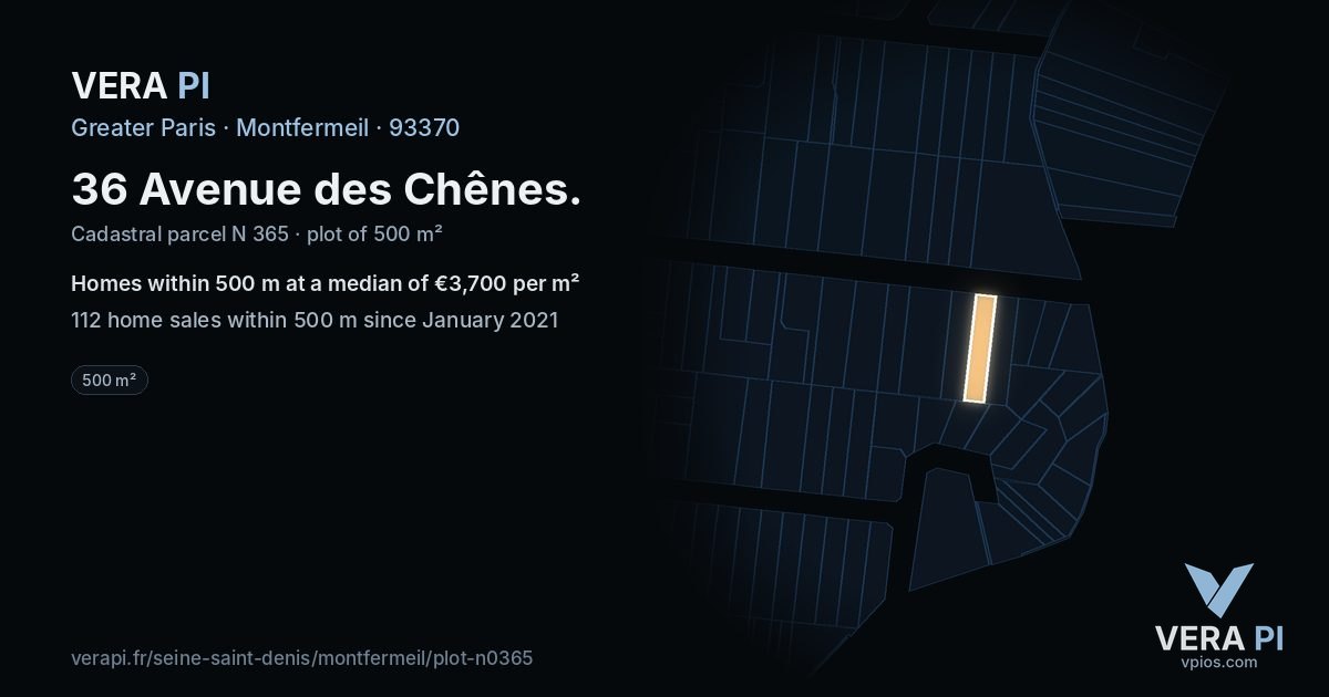 36 Avenue des Chênes, Montfermeil at night – the plot lit, the parcels around coloured by the prices near them