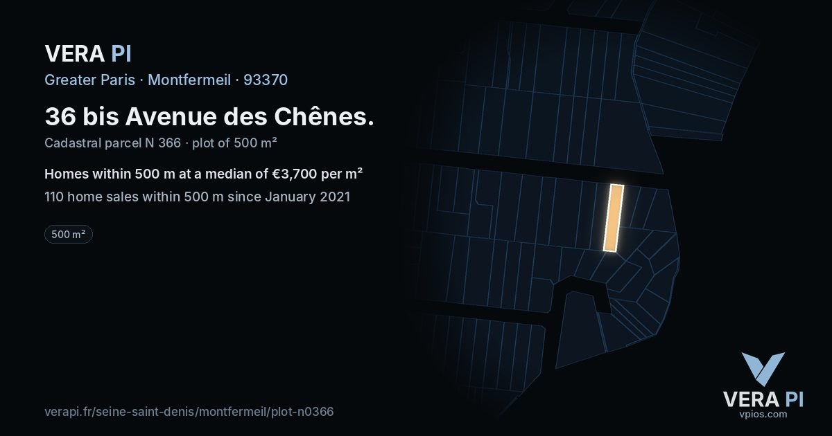36 bis Avenue des Chênes, Montfermeil at night – the plot lit, the parcels around coloured by the prices near them