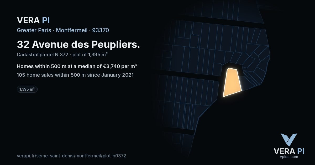 32 Avenue des Peupliers, Montfermeil at night – the plot lit, the parcels around coloured by the prices near them