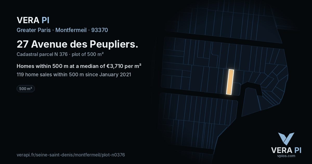 27 Avenue des Peupliers, Montfermeil at night – the plot lit, the parcels around coloured by the prices near them