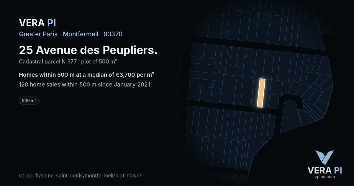25 Avenue des Peupliers, Montfermeil at night – the plot lit, the parcels around coloured by the prices near them