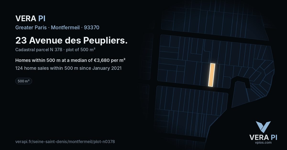 23 Avenue des Peupliers, Montfermeil at night – the plot lit, the parcels around coloured by the prices near them