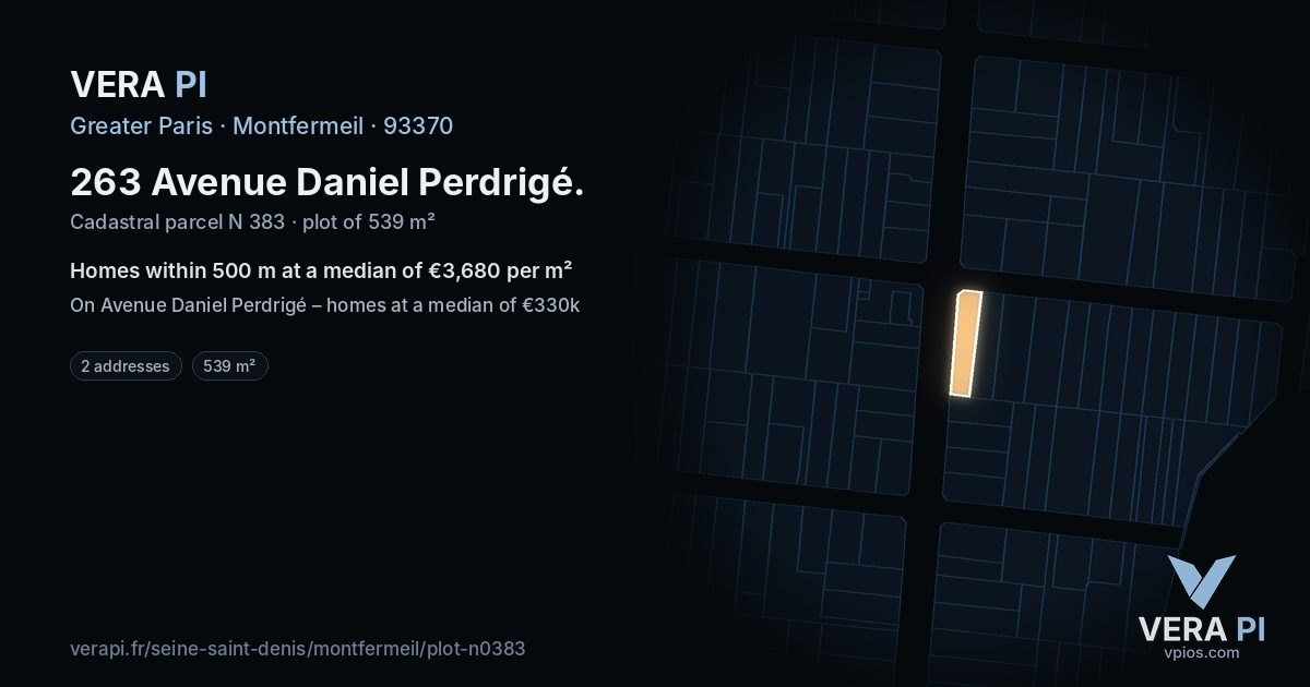 263 Avenue Daniel Perdrigé, Montfermeil at night – the plot lit, the parcels around coloured by the prices near them