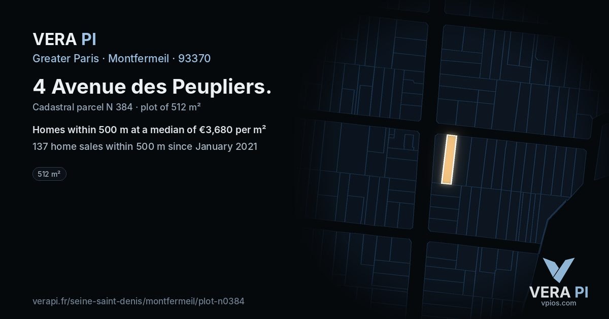 4 Avenue des Peupliers, Montfermeil at night – the plot lit, the parcels around coloured by the prices near them