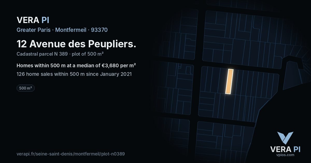 12 Avenue des Peupliers, Montfermeil at night – the plot lit, the parcels around coloured by the prices near them