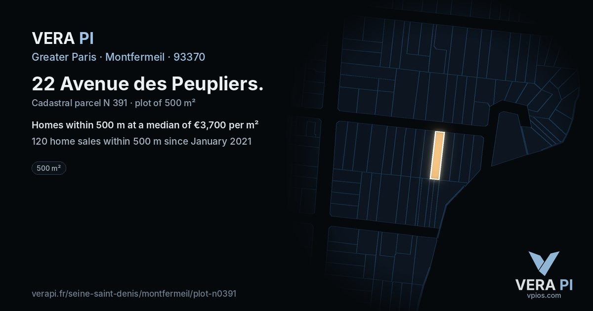 22 Avenue des Peupliers, Montfermeil at night – the plot lit, the parcels around coloured by the prices near them