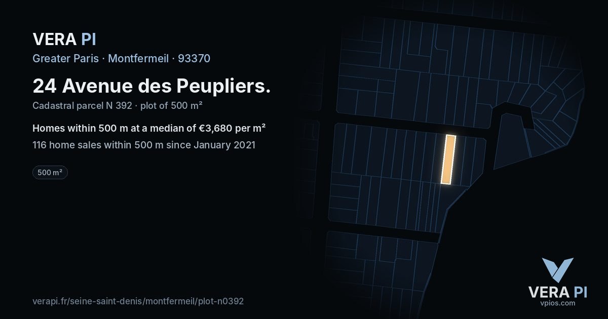 24 Avenue des Peupliers, Montfermeil at night – the plot lit, the parcels around coloured by the prices near them