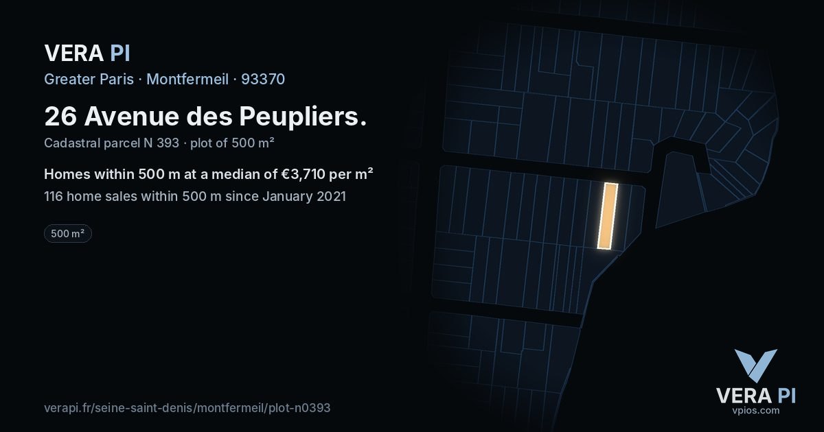 26 Avenue des Peupliers, Montfermeil at night – the plot lit, the parcels around coloured by the prices near them