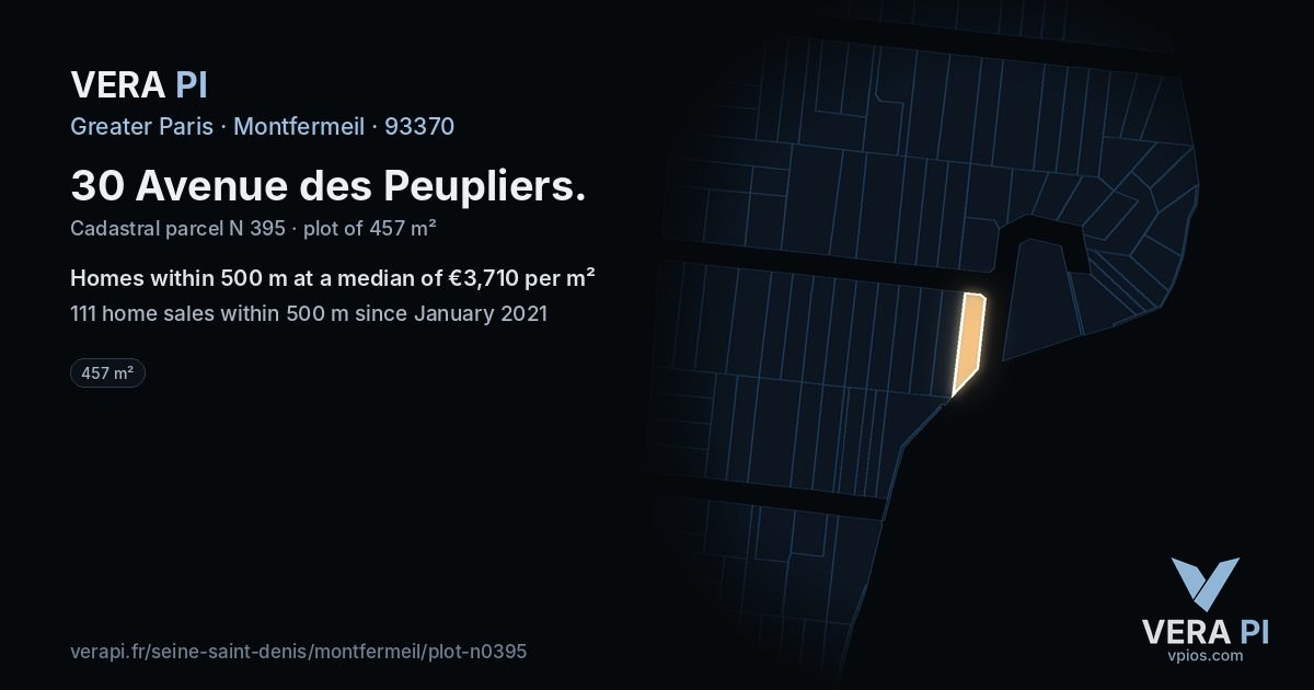 30 Avenue des Peupliers, Montfermeil at night – the plot lit, the parcels around coloured by the prices near them