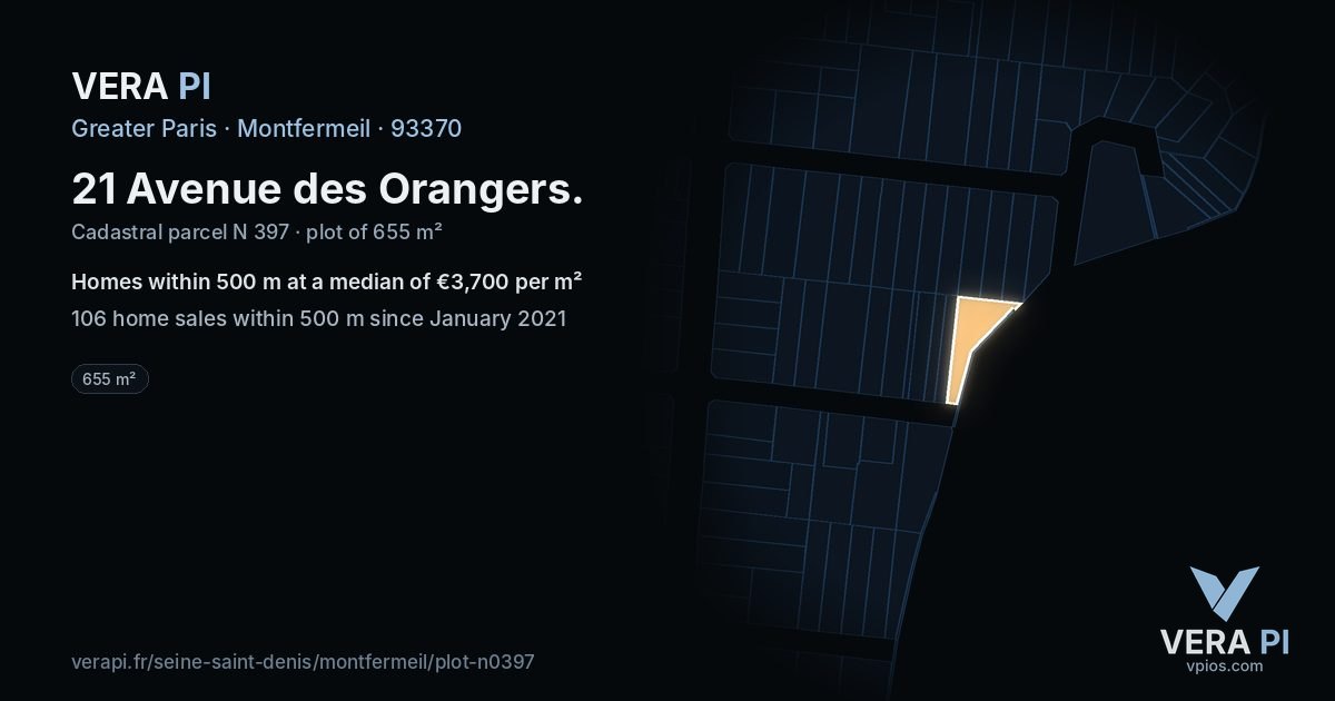 21 Avenue des Orangers, Montfermeil at night – the plot lit, the parcels around coloured by the prices near them