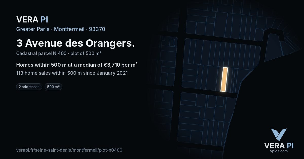 3 Avenue des Orangers, Montfermeil at night – the plot lit, the parcels around coloured by the prices near them