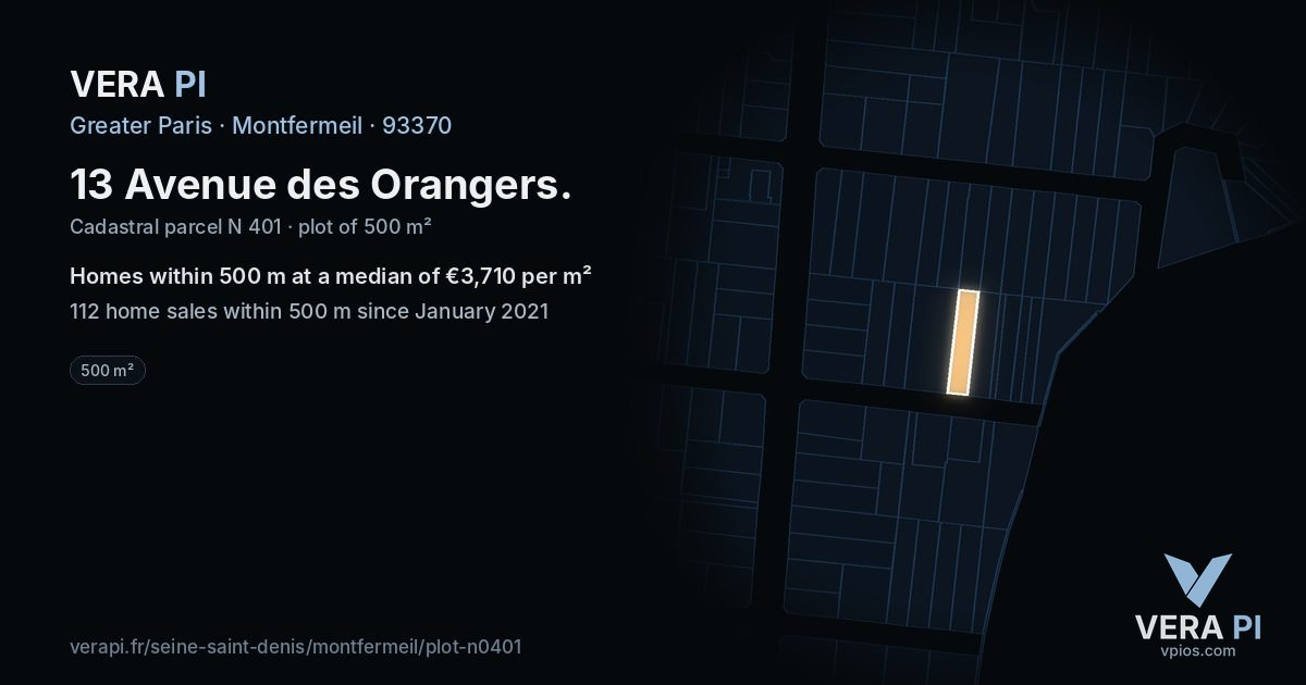 13 Avenue des Orangers, Montfermeil at night – the plot lit, the parcels around coloured by the prices near them